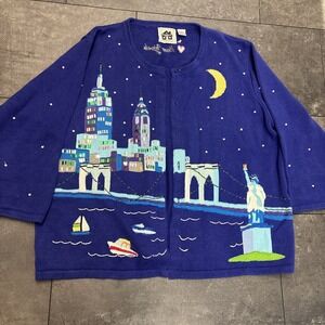 Vintage Storybook Knits New York City Statue Of Liberty Cardigan Sweater Sz 3XL
